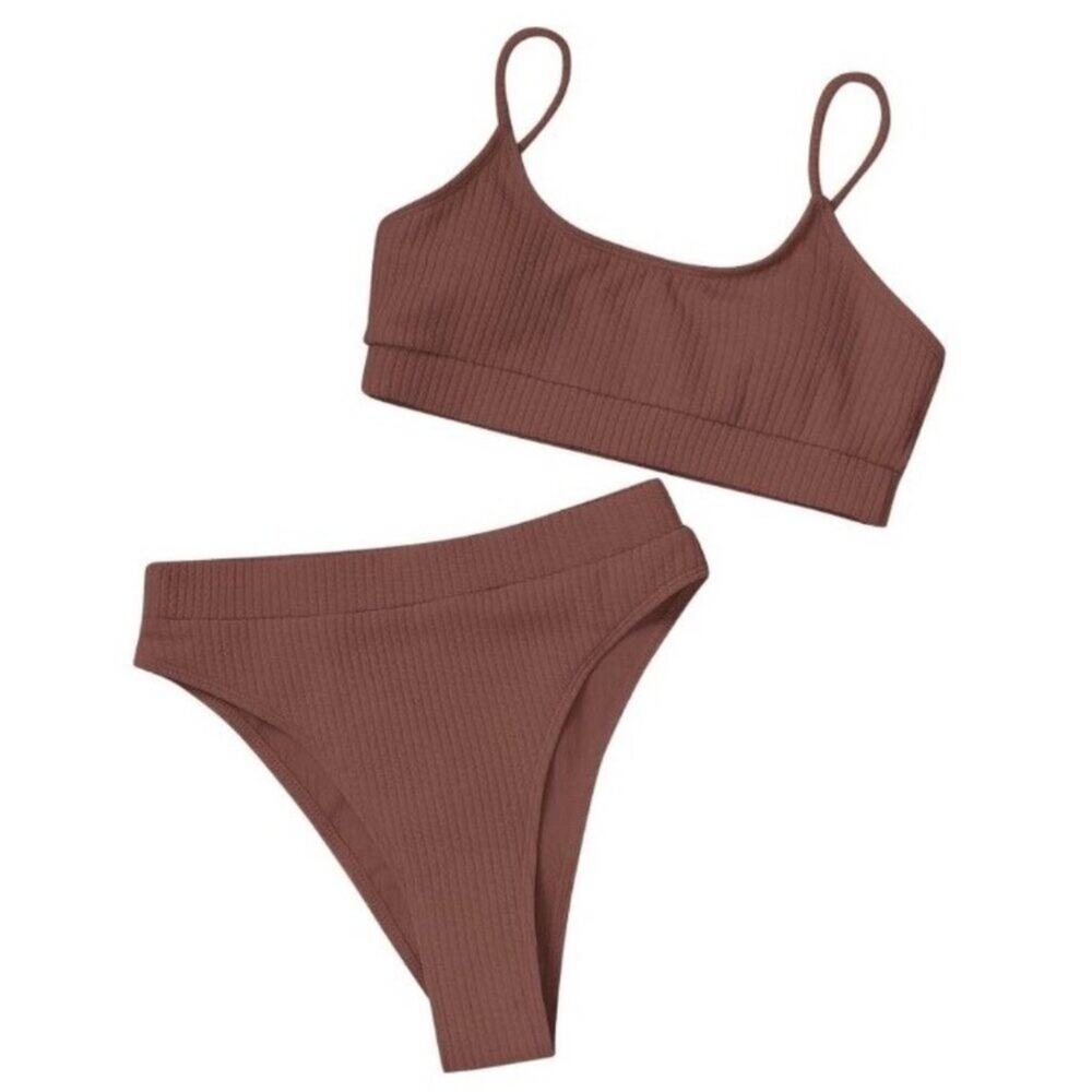 Women 2 Piece Swimsuit Medium Brown Scoop Neck Ribbed Bikini High-Cut Leg Cheeky - Picture 3 of 5